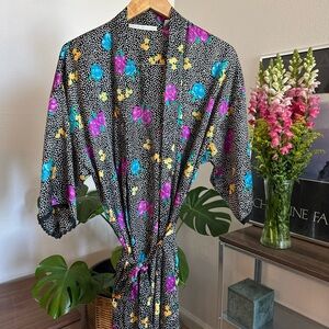 Black Polka Dot Floral Kimono Robe - Teal, Purple & Yellow Flowers